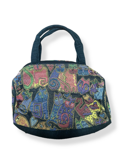 Vintage 90s Laurel Burch  Whimsical Multicolor Cat Tapestry Bag