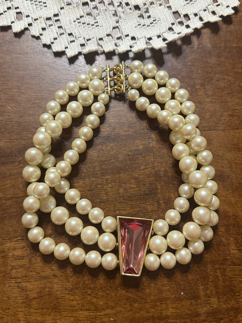 Vintage Richelieu Triple Strand Pearl Choker w/ Pink Gem Center
