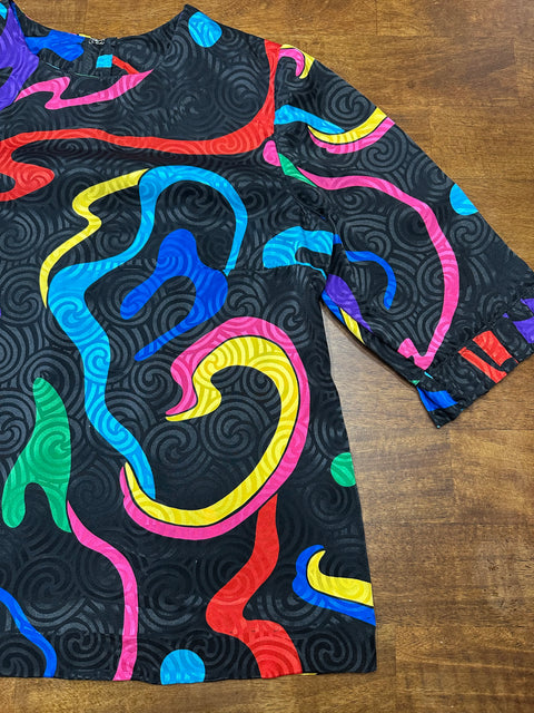 Vintage 80s Black Rainbow Swirly Abstract Blouse (~S)