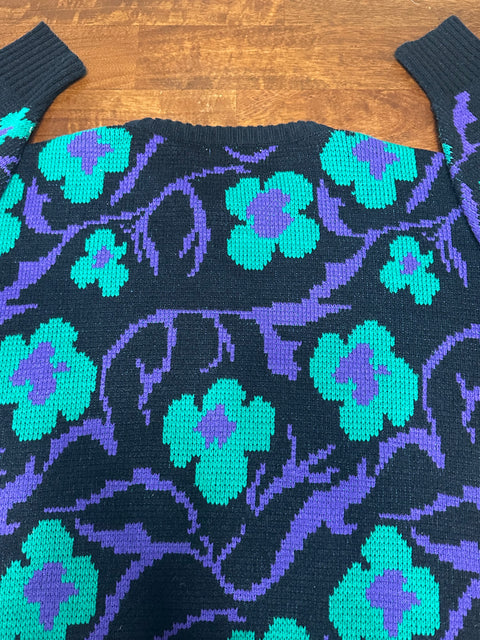 Vintage 80s Teal/Purple Floral Black Sweater (~S)