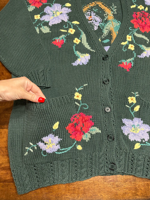 Vintage 80s Green Floral Basket Knit Cardigan Sweater (~2X)