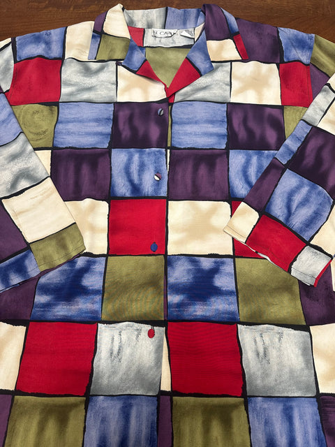 Vintage Multicolored Stained Glass Checker Pattern Blouse (M/L)