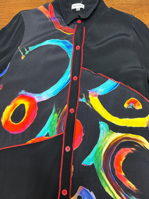 Vintage 90s Black Rainbow Swirls Art Blouse (S/M)