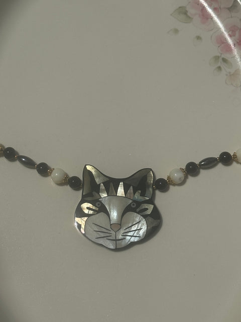 Lee Sands Mother of Pearl Cat Pendant Necklace