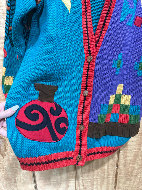 Vintage Aztec Applique Chunky Knit Cardigan Sweater (M)