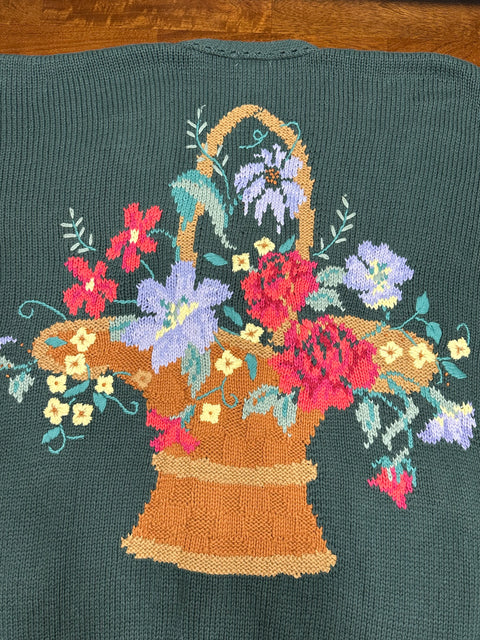 Vintage 80s Green Floral Basket Knit Cardigan Sweater (~2X)