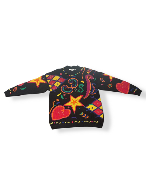 Vintage 80s Rainbow Stars & Hearts 3D Knit Statement Sweater (L, XL+)