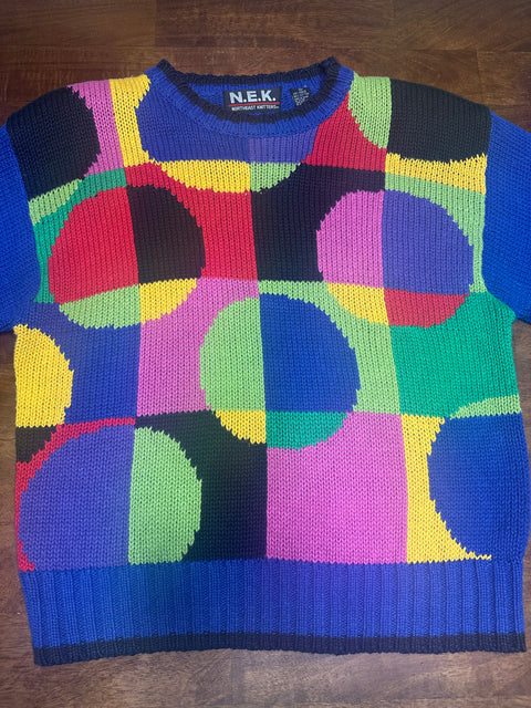 Vintage 90s Blue Knit Rainbow Circles Sweater (M)