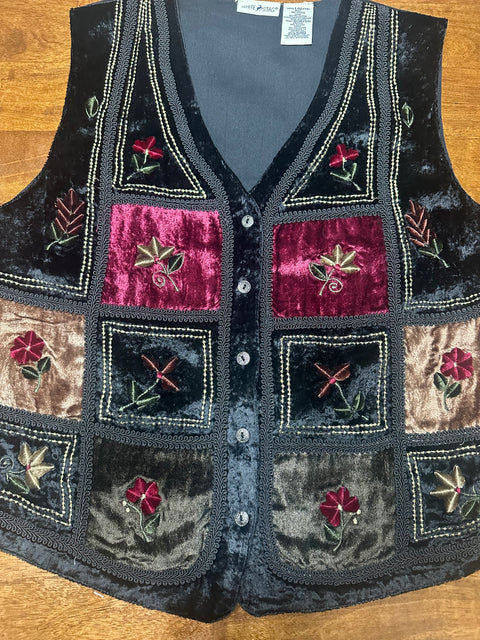 Vintage 90s Velvet Grunge Patchwork Embroidered Vest (L)