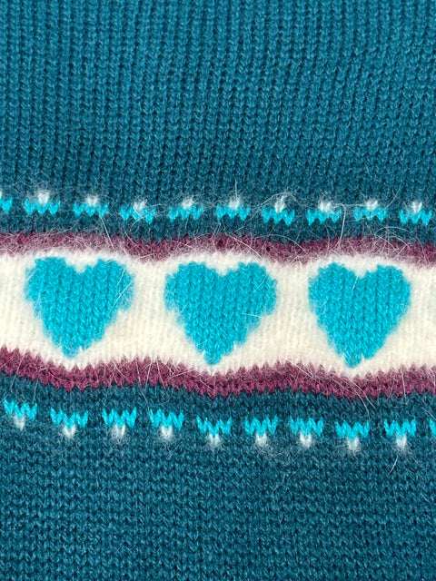 Vintage 70s/80s Teal Hearts Sweater (XS/S)