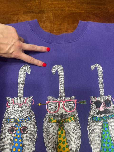Vintage 90s Purple Cat Sweatshirt w/ Reverse Double-Sided Graphic (L+)
