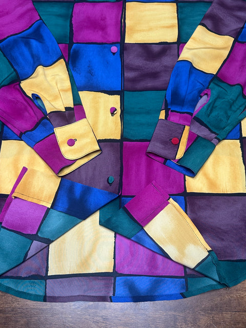 Vintage 90s Multicolored Checkered Button-Up Blouse (M)