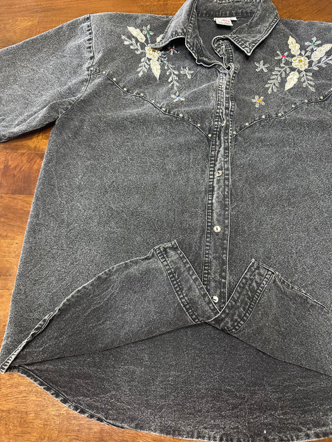 Vintage 80s Grey Acid Wash Studded Rhinestone Denim Shirt (M)