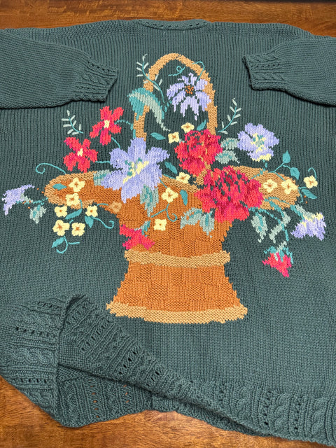 Vintage 80s Green Floral Basket Knit Cardigan Sweater (~2X)