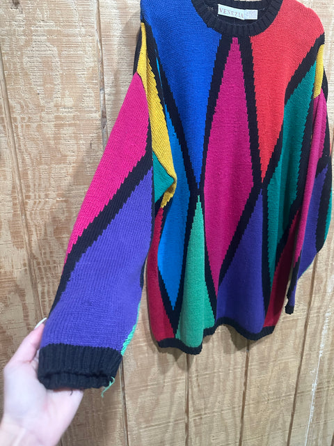 Vintage 80s Rainbow Geometric Knit Sweater (22/24, ~XL)