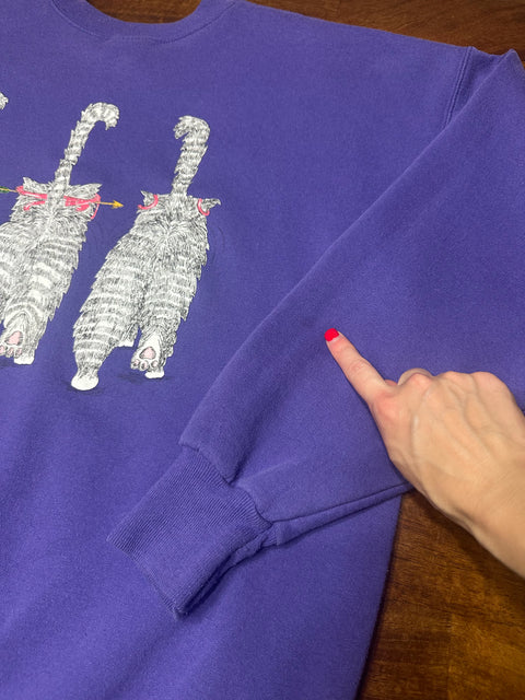 Vintage 90s Purple Cat Sweatshirt w/ Reverse Double-Sided Graphic (L+)