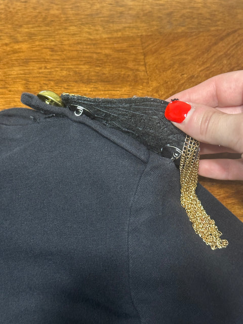 Vintage Black Military-Style Jacket with Gold Button Fringe Details (S/M)