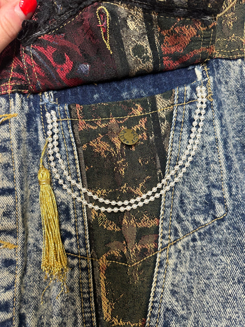 🏆Rare Vintage 80s Acid Wash Denim Brocade Gemstone Cropped Jacket (S/M)
