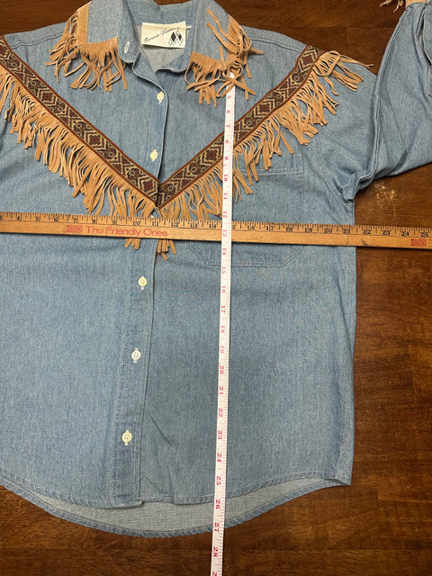 Vintage 80s Western Fringe Denim Rodeo Button-Up (~M)