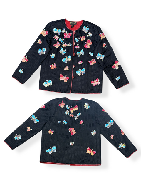Vintage Black Butterfly Sequin Applique Blazer Jacket (S/M)