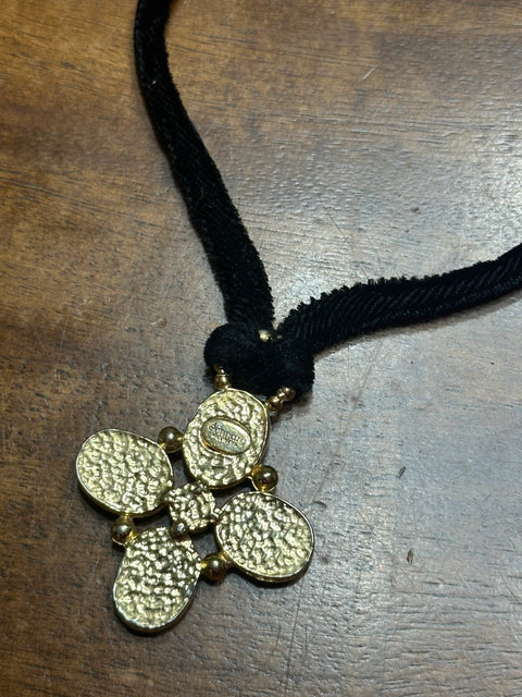 Vintage 90s Black Velvet Cord Necklace w/ Multicolor Jewel Cross Pendant