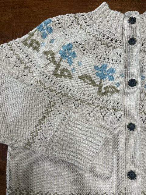 Vintage 90s LL Bean Cream Floral Nordic Chunky Knit Cardigan (M/L)