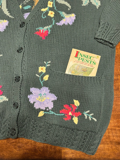 Vintage 80s Green Floral Basket Knit Cardigan Sweater (~2X)
