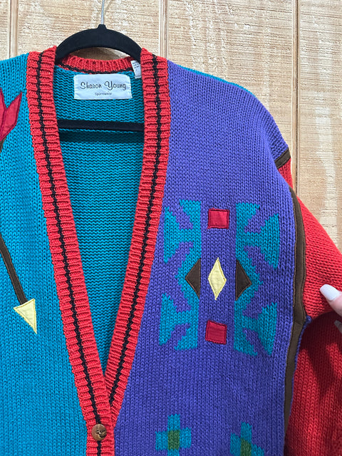 Vintage Aztec Applique Chunky Knit Cardigan Sweater (M)