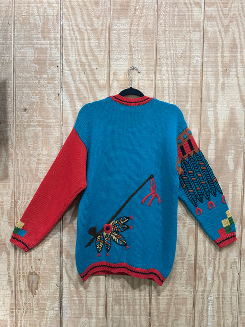Vintage Aztec Applique Chunky Knit Cardigan Sweater (M)