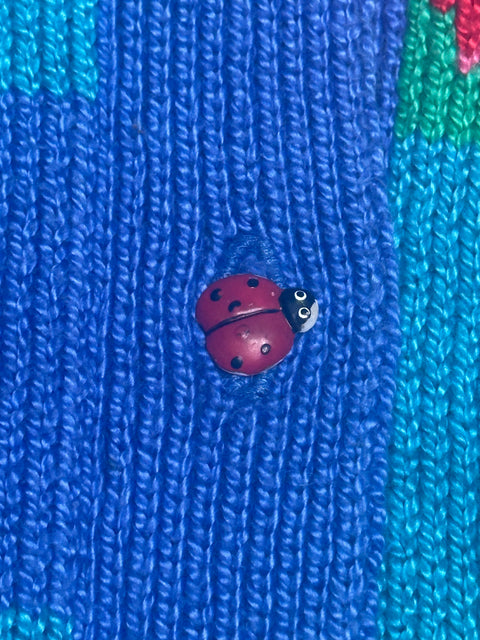 Vintage Checkered Floral Ladybug Knit Sweater (2; S/M)