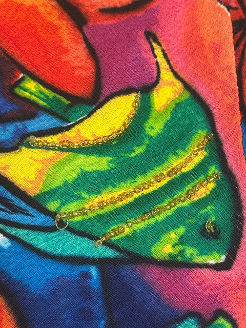 Vtg Chico's Design Rayon Rainbow Fish Beaded Blouse ('1'; S/M)