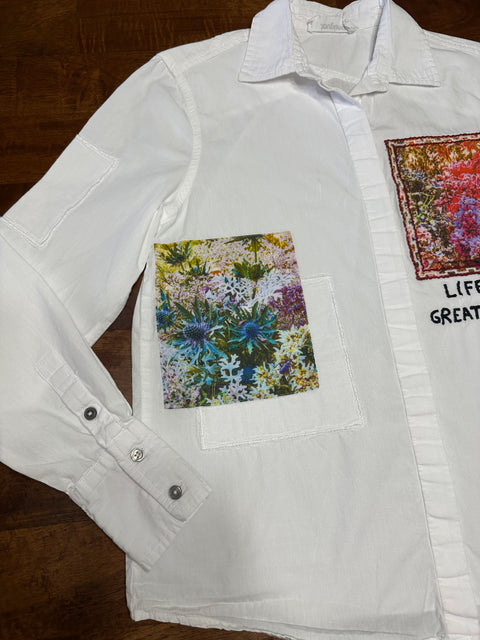"Life is the Greatest Book" Patchwork Button-Up Shirt (XS/S)