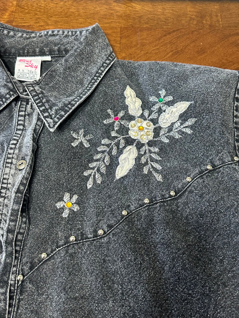 Vintage 80s Grey Acid Wash Studded Rhinestone Denim Shirt (M)