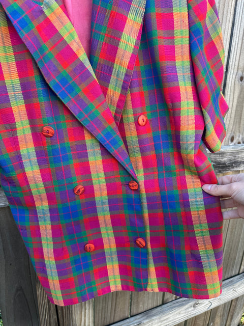 Vintage 80s Bright Rainbow Plaid Short Sleeve Blazer (8)
