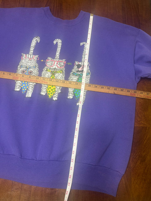 Vintage 90s Purple Cat Sweatshirt w/ Reverse Double-Sided Graphic (L+)