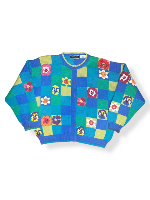 Vintage Checkered Floral Ladybug Knit Sweater (2; S/M)