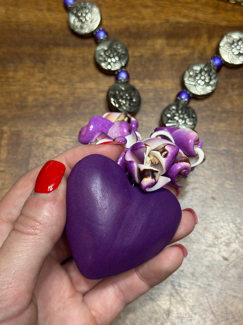 Purple Heart, Seashells & Silver Floral Beads Statement Necklace