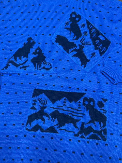 Vintage 80s/90s Royal Blue Animal Wilderness Scenes Sweater (M)