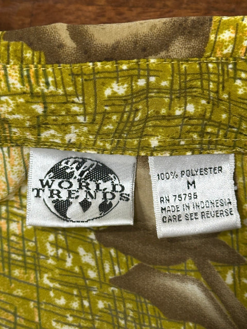Vintage 80s Sheer Mustard Yellow Abstract Patterned Button-Up (M)