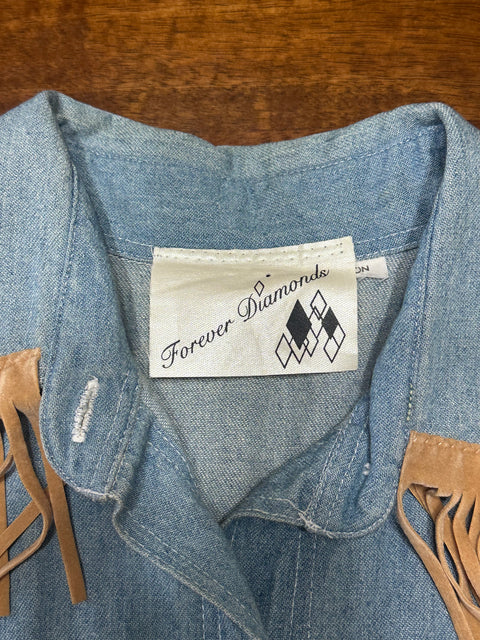Vintage 80s Western Fringe Denim Rodeo Button-Up (~M)