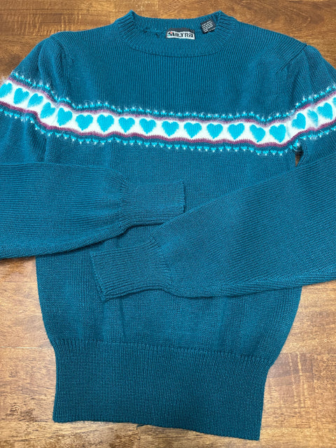 Vintage 70s/80s Teal Hearts Sweater (XS/S)