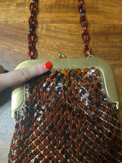 Vintage 60s/70s Whiting & Davis Amber Mesh Evening Bag w/ Tortoise Chain Strap