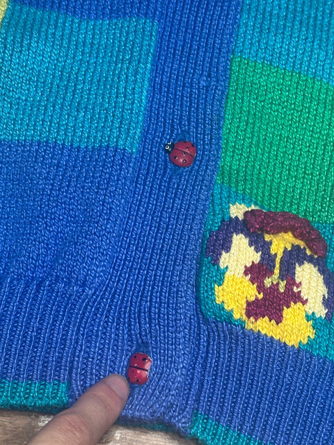 Vintage Checkered Floral Ladybug Knit Sweater (2; S/M)
