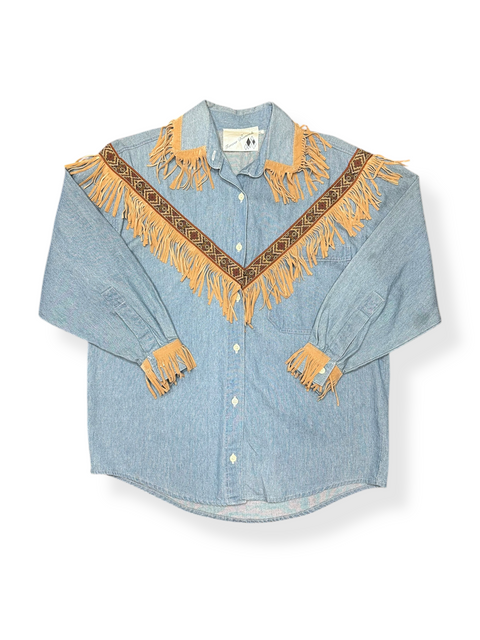Vintage 80s Western Fringe Denim Rodeo Button-Up (~M)