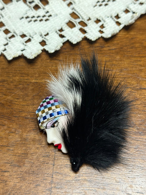 Vintage 80s Art Deco Lady Face Brooch w/ Faux Fur & Sequin Headband