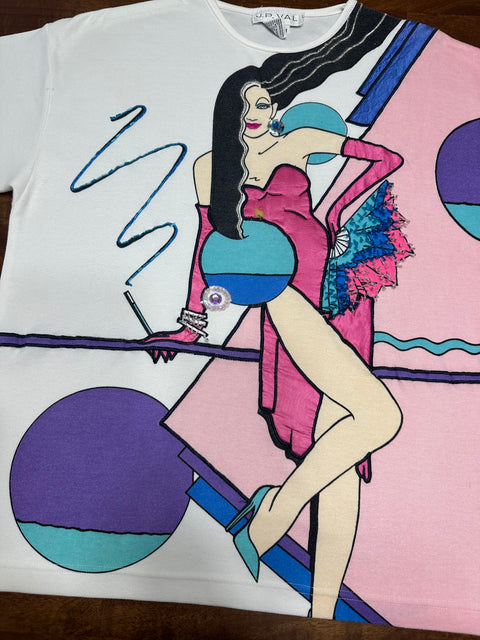 Vintage 80s Beaded Flapper Lady Art Tee (M)