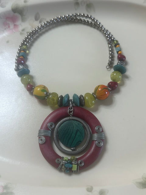 Colorful Artsy Wrap-Style Boho Pendant Choker Necklace