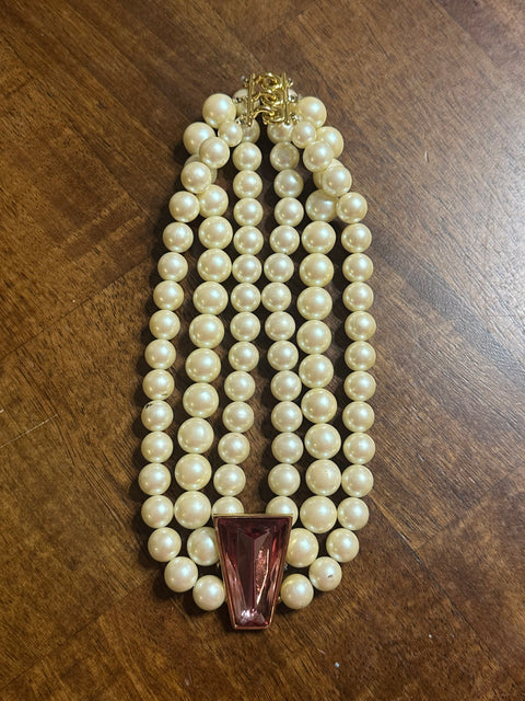 Vintage Richelieu Triple Strand Pearl Choker w/ Pink Gem Center