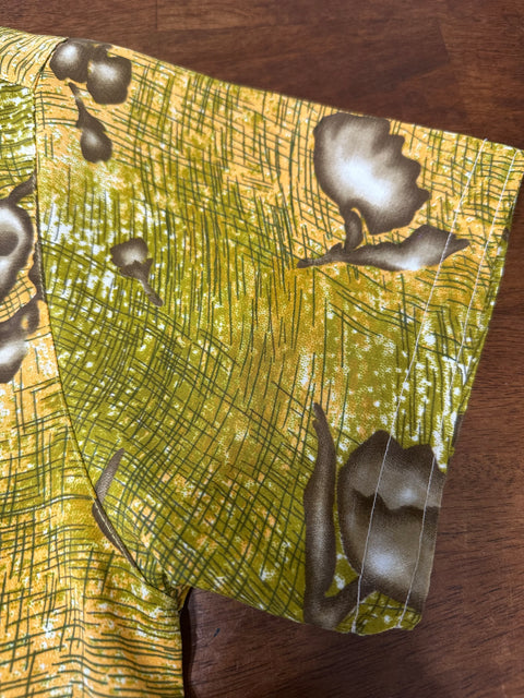 Vintage 80s Sheer Mustard Yellow Abstract Patterned Button-Up (M)