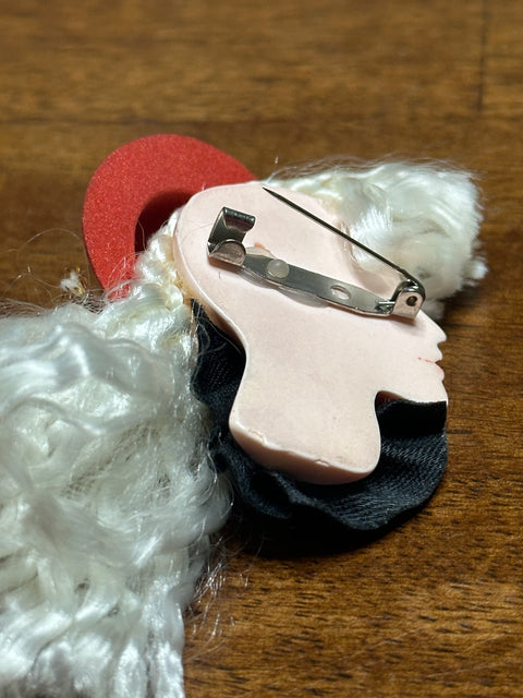 Vintage 80s Lady Face Brooch w/ Red Hat & White Curly Hair